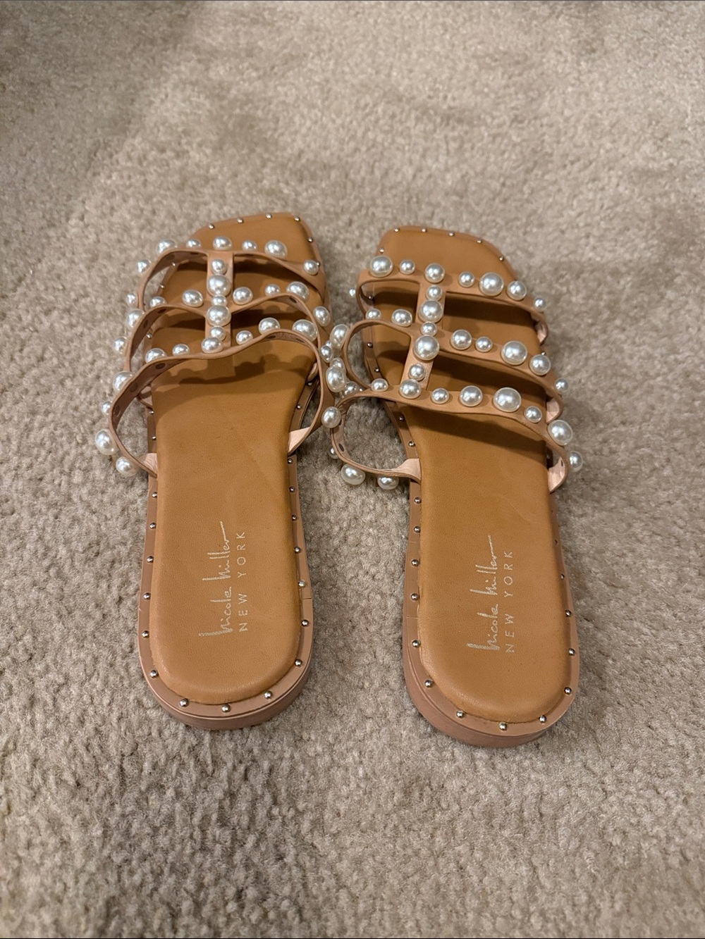 Nicole Miller Tan Pearl-Embellished Slide Sandals